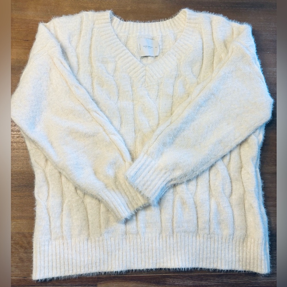Lucky Brand Cable-Knit Eyelash V-neck Chunky Pullover Sweater Nylon, Ivory, XL